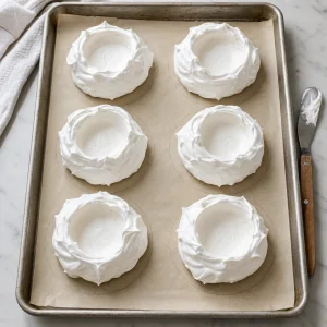 Six glossy meringue nests shaped on a parchment-lined baking sheet