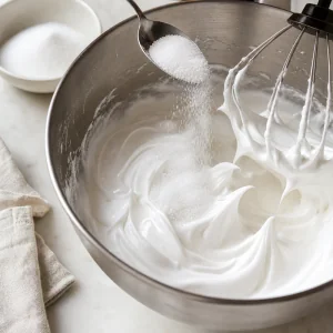 Sugar being added to glossy white meringue in a mixing bowl