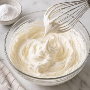 Vanilla whipped cream in a bowl with soft peaks on a whisk