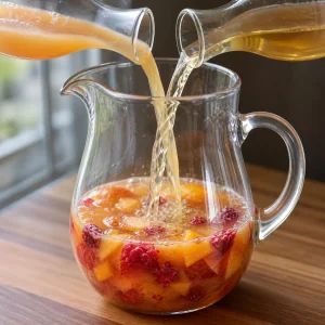 Orange and white grape juices poured over fruit