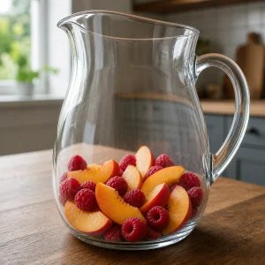 Peach slices and raspberries in a glass pitcher