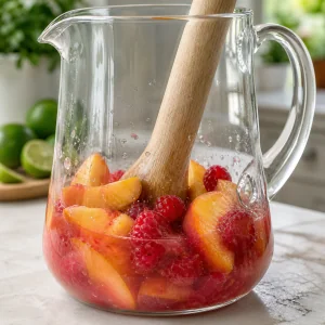 Peaches and raspberries pressed with lime juice