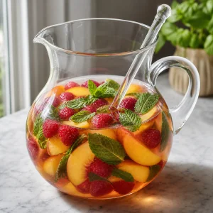 Peaches, raspberries, and mint added to the punch