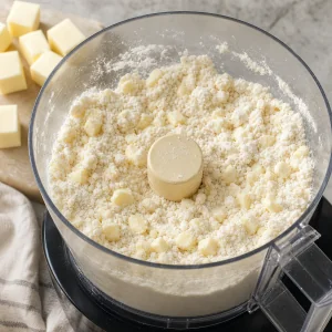 Coarse butter and flour crumbs in a food processor
