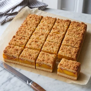 Cooled peach slab pie cut into portable bars