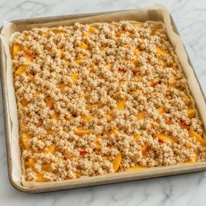 Oat crumble scattered over unbaked peach filling