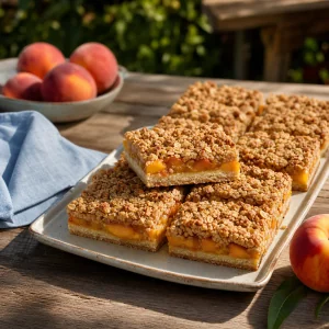 Peach slab pie bars with oat crumble on a platter