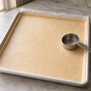 Slab pie dough pressed evenly into a lined pan