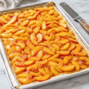 Sliced peach filling spread over the warm crust