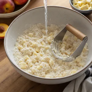 Cold butter and ice water mixed into flour for pie dough