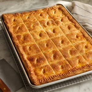 Golden baked peach slab pie cooling in its rectangular pan