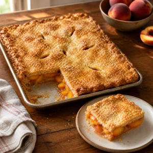 Crostata di pesche dorata con una porzione quadrata su un piatto