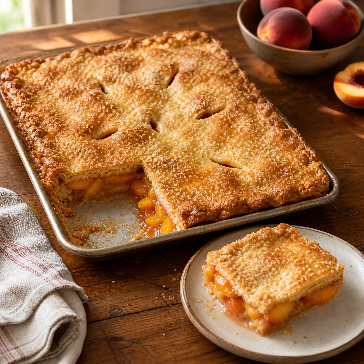 Golden peach slab pie with a square slice on a plate