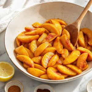 Peach slices coated with sugar, lemon, and warm spices