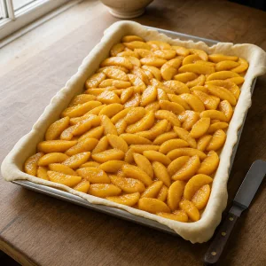 Peeled peach filling spread over dough in a rectangular pan