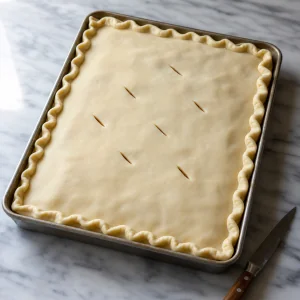 Unbaked peach slab pie with crimped edges and steam vents