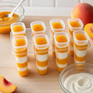 Ice-pop molds filled with alternating peach and yogurt layers