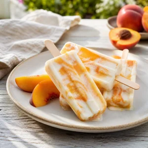 Peach yogurt swirl pops with fresh peach wedges on a platter