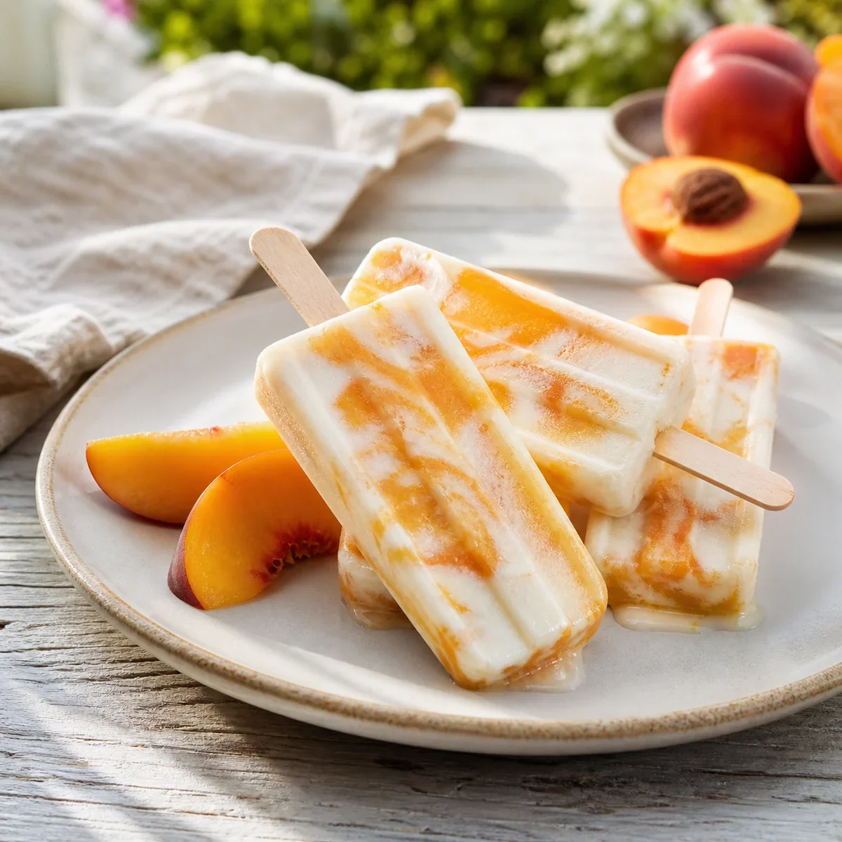 Peach yogurt swirl pops with fresh peach wedges on a platter