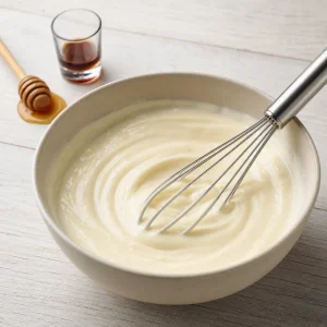 Smooth vanilla yogurt mixture with a whisk in a bowl