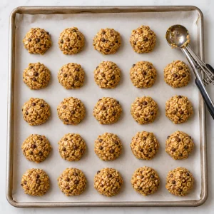 Chilled oat mixture portioned into small even mounds on parchment