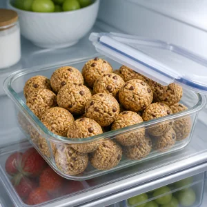 Finished oat bites stored in a clear airtight container in the refrigerator