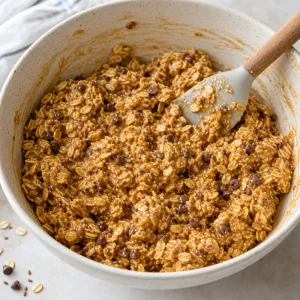 Sticky oat mixture stirred until coated with peanut butter and honey