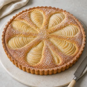 Cooled pear almond tart dusted with powdered sugar before slicing