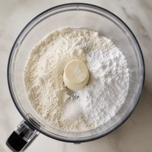 Dry tart dough ingredients in a food processor bowl