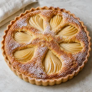 Finished pear and almond tart with fanned pears and powdered sugar