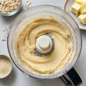 Smooth almond filling in a food processor bowl