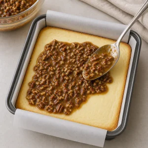 반쯤 구운 치즈케이크 위에 올린 피칸 토핑