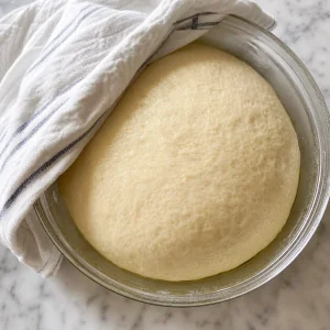 Masa de bollos levada y duplicada en un bol ligeramente engrasado