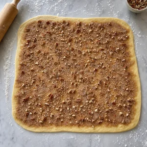 Rectángulo de masa estirada cubierto con azúcar de canela y pacanas picadas