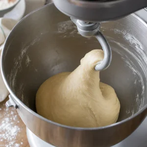Masa lisa para bollos despegándose del bol de la batidora
