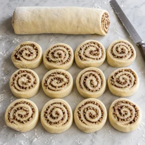 Espirales crudas de bollos cortadas de un rollo de masa relleno