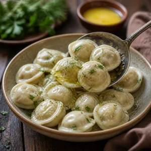 Buttered pelmeni served hot with fresh herbs