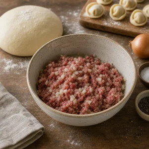 Ground meat filling mixed with onion and pepper