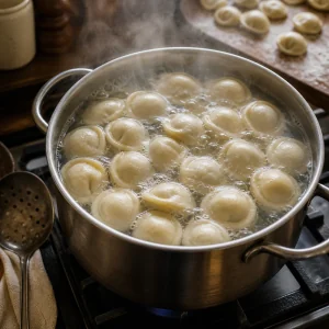 Pelmeni boiling in salted water until they float