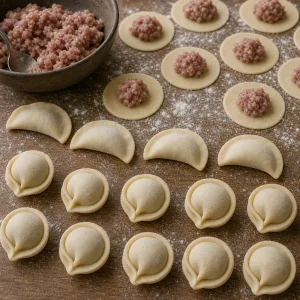 Raw pelmeni shaped and sealed on a floured counter