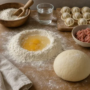 Smooth pelmeni dough resting on a floured surface
