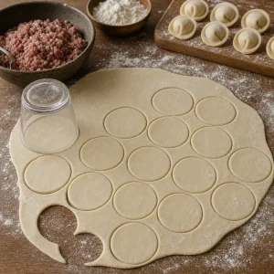 Thin dough cut into small circles for pelmeni