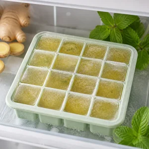 Cubetti congelati di menta e zenzero in uno stampo di silicone