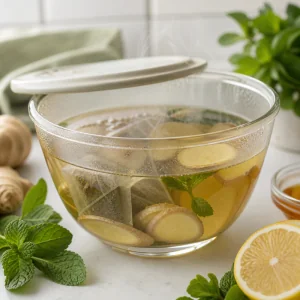 Bustine di tè alla menta e fette di zenzero in infusione in acqua calda