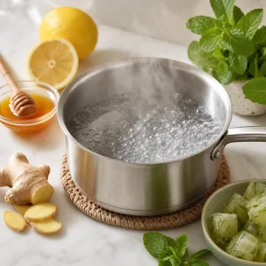 Acqua che bolle in un piccolo pentolino con zenzero, menta, limone e miele accanto