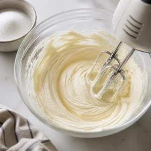 Cream cheese and sugar beaten smooth in a mixing bowl for cheesecake batter