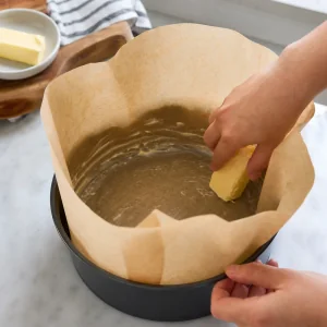 Parchment-lined pan being greased with butter for air fryer Basque cheesecake