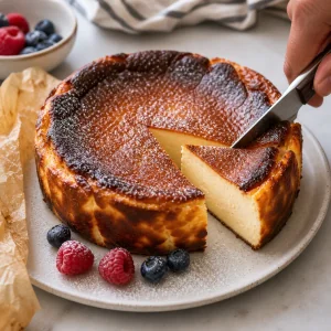 Sliced Basque cheesecake with caramelized top and creamy center ready to serve
