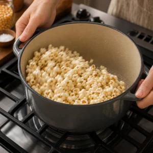 A pot of popcorn being gently shaken over the burner to prevent burning.