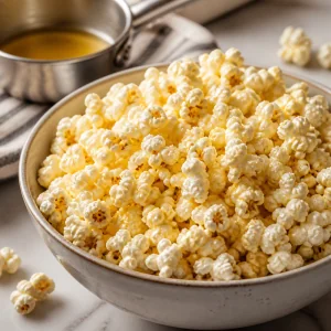 Bowl of stovetop popcorn tossed with brown butter and sea salt.